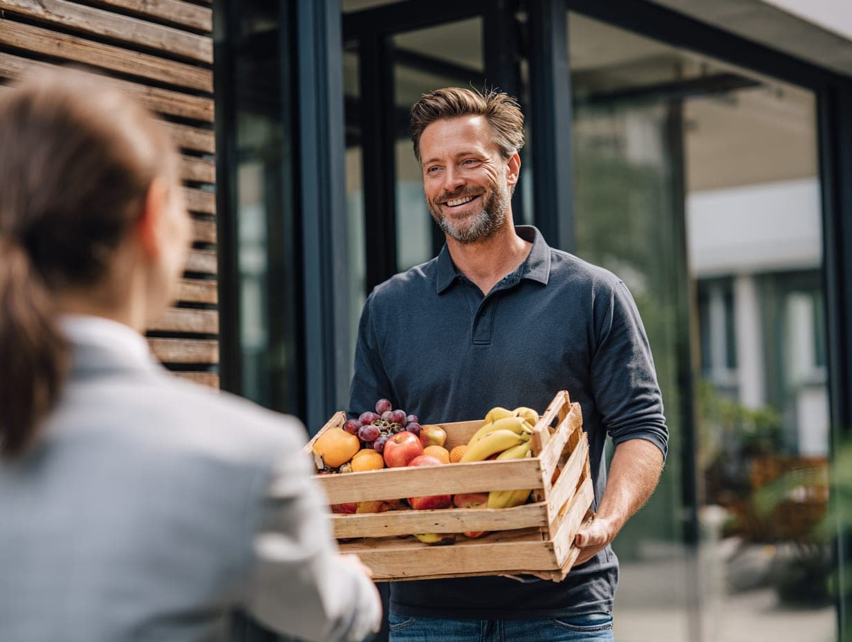 Lieferpartner bringt eine Obstkiste an den Eingang eines Bürogebäudes