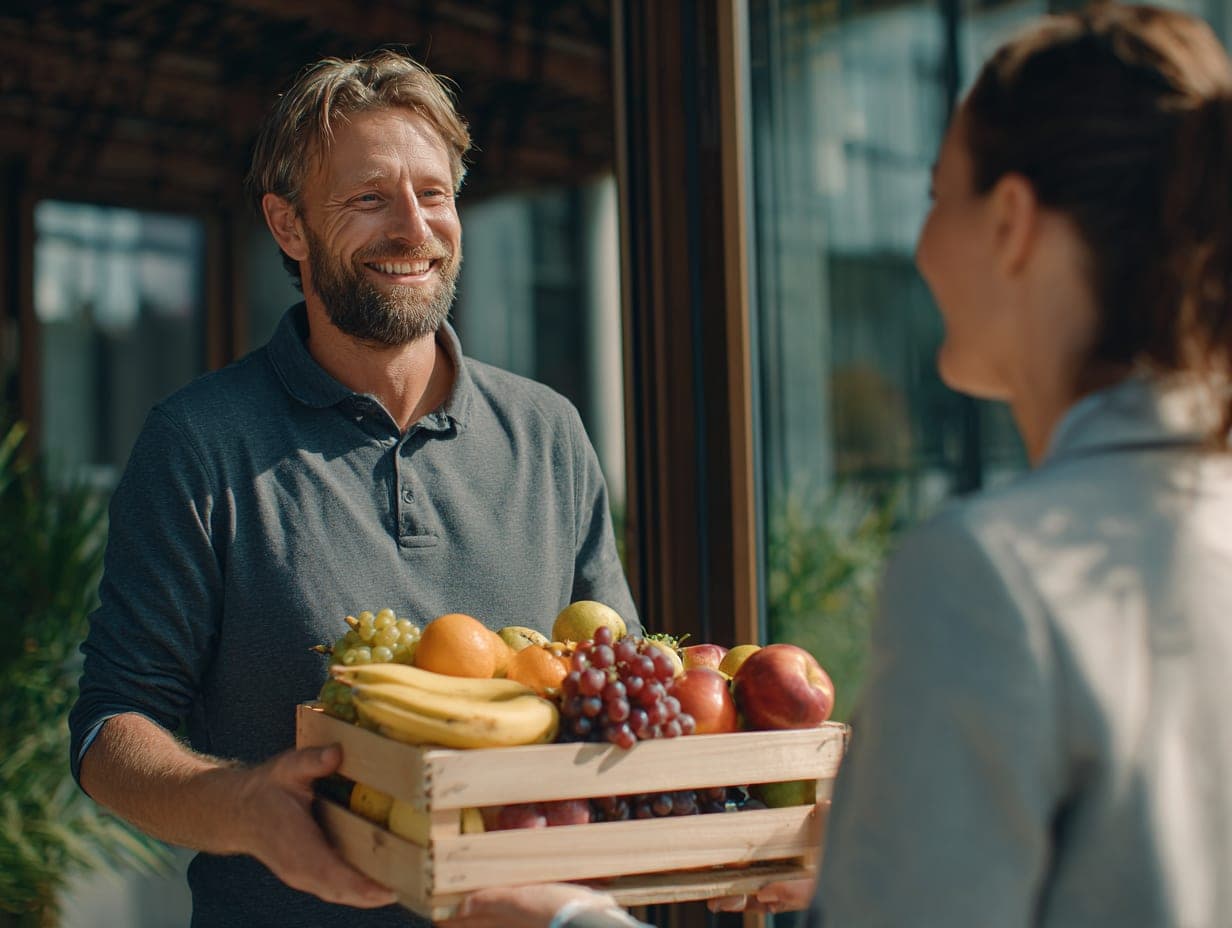 Lieferpartner übergibt einer Mitarbeiterin eine Holzkiste mit frischem Obst