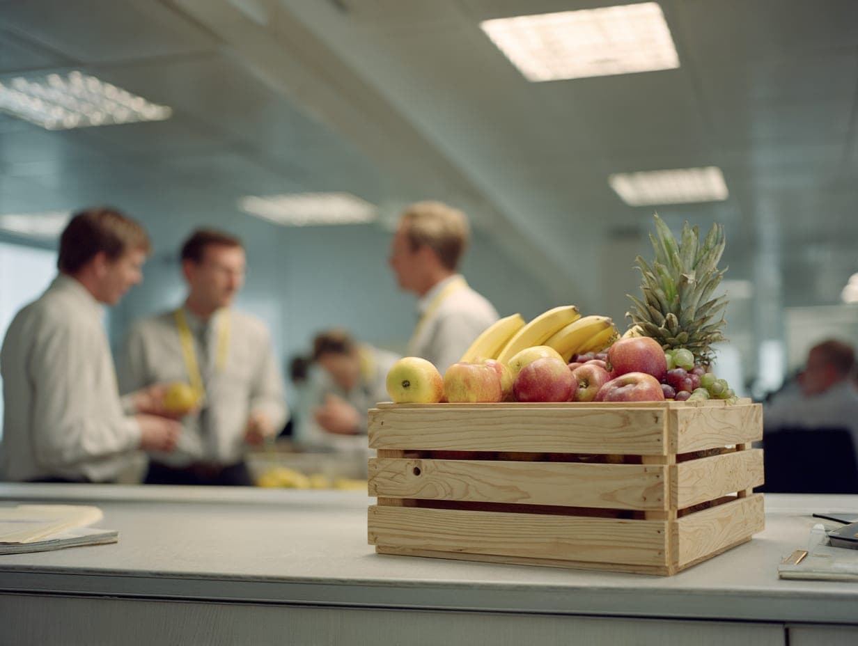 Holzkiste mit Ananas, Bananen, Äpfeln und Trauben in einer Büroküche
