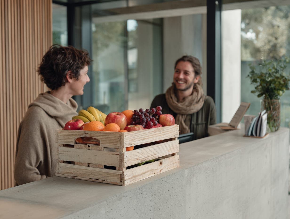 Holzkiste voller Obst auf einem Empfangstresen, dahinter zwei lachende Mitarbeitende